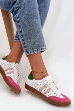 Discount Zazoo Skórzane Ażurowe Sneakersy Damskie N1318 Biało-Różowe