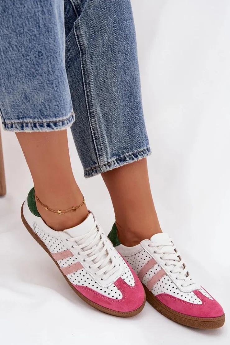 Discount Zazoo Skórzane Ażurowe Sneakersy Damskie N1318 Biało-Różowe