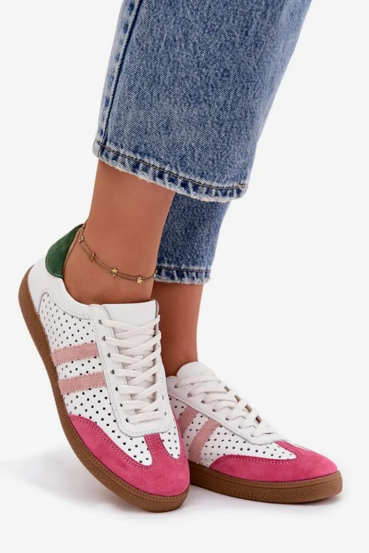 Discount Zazoo Skórzane Ażurowe Sneakersy Damskie N1318 Biało-Różowe