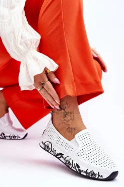 Outlet Damskie buty S.Barski Skórzane Ażurowe Wsuwane Tenisówki Slip-On Białe Gedra