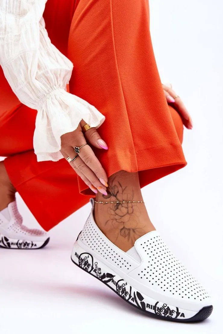 Outlet Damskie buty S.Barski Skórzane Ażurowe Wsuwane Tenisówki Slip-On Białe Gedra