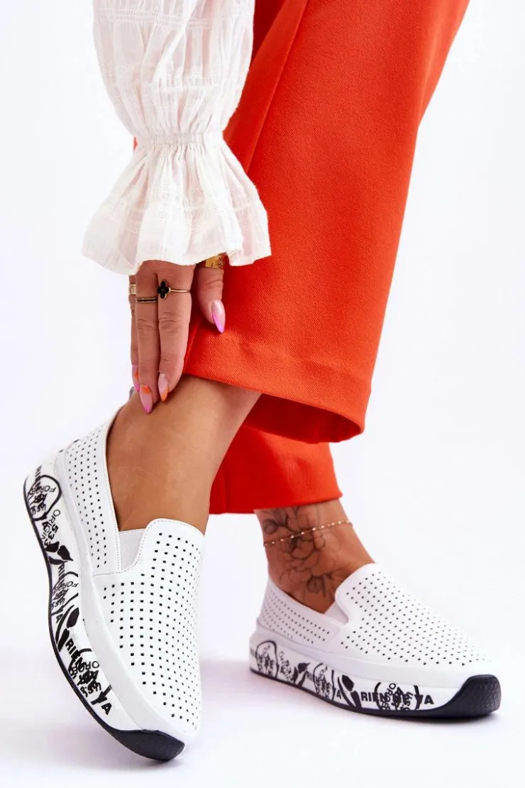 Outlet Damskie buty S.Barski Skórzane Ażurowe Wsuwane Tenisówki Slip-On Białe Gedra