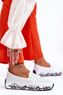 Outlet Damskie buty S.Barski Skórzane Ażurowe Wsuwane Tenisówki Slip-On Białe Gedra