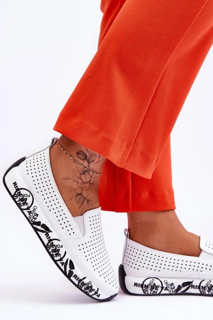 Outlet Damskie buty S.Barski Skórzane Ażurowe Wsuwane Tenisówki Slip-On Białe Gedra