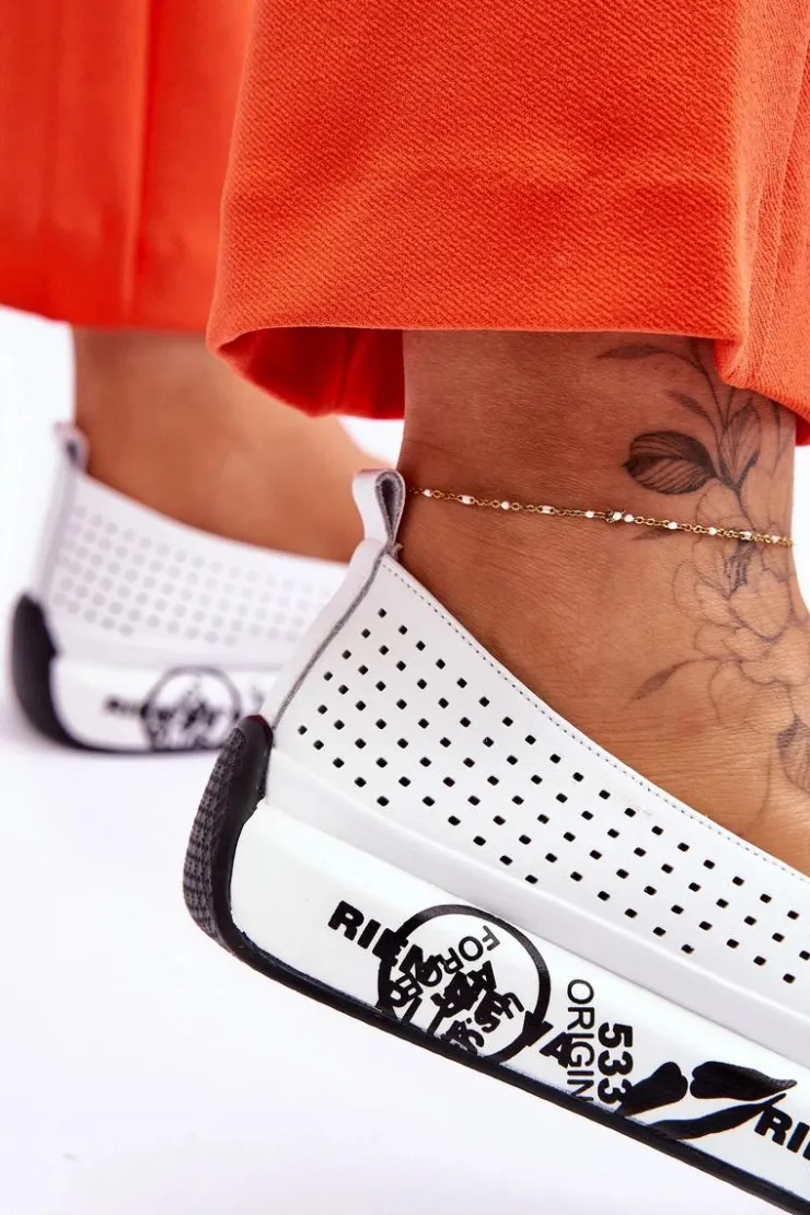 Outlet Damskie buty S.Barski Skórzane Ażurowe Wsuwane Tenisówki Slip-On Białe Gedra