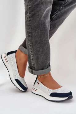 Damskie Evento Skórzane Baleriny Na Koturnie Biało-Granatowe Nelviera