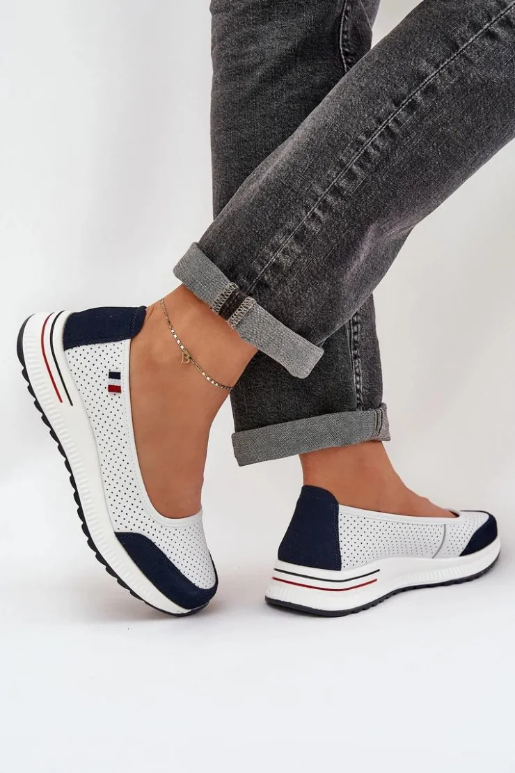 Damskie Evento Skórzane Baleriny Na Koturnie Biało-Granatowe Nelviera