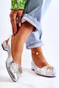 Boto Baleriny Skórzane|Baleriny Klasyczne*Skórzane Baleriny Na Obcasie Z Ozdobą Srebrne Elenie