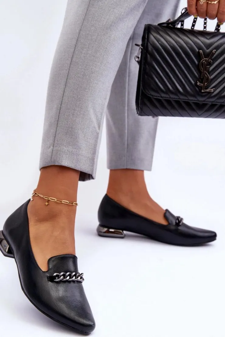 Clearance Boto Skórzane Baleriny Na Płaskim Obcasie Z Łańcuchem Czarne Lanez