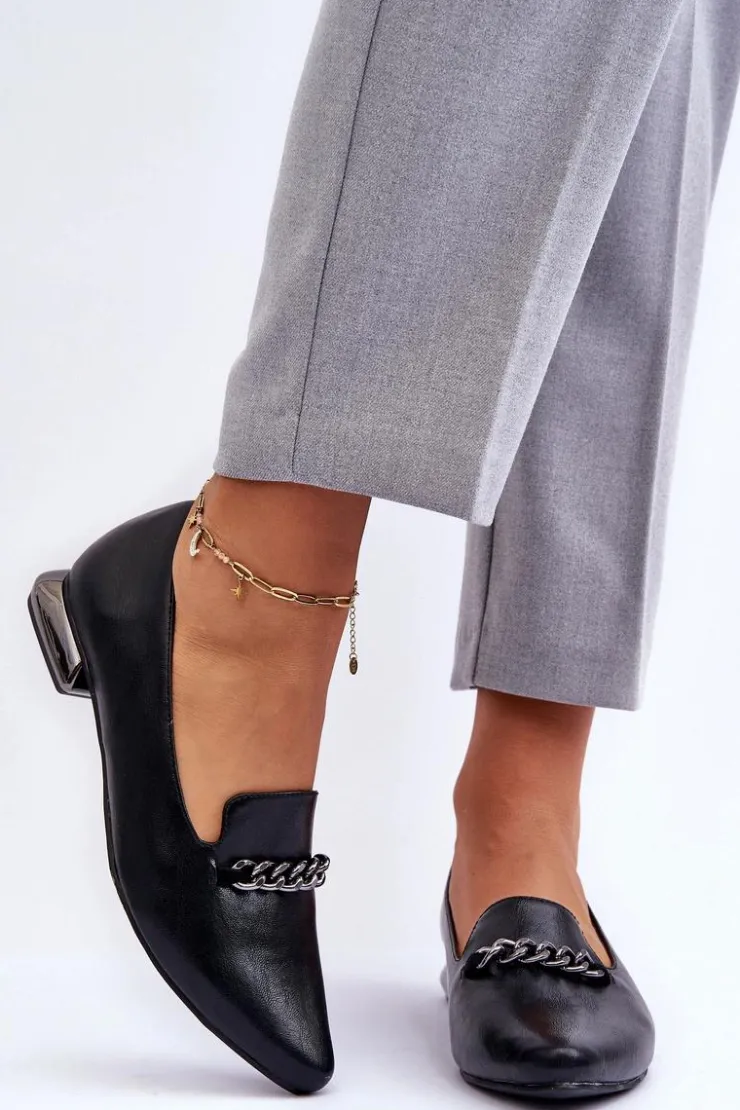 Clearance Boto Skórzane Baleriny Na Płaskim Obcasie Z Łańcuchem Czarne Lanez