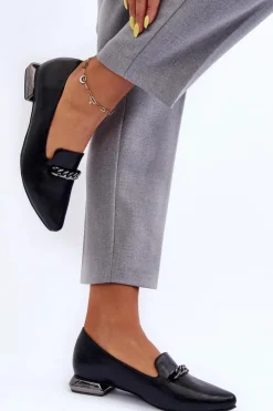 Clearance Boto Skórzane Baleriny Na Płaskim Obcasie Z Łańcuchem Czarne Lanez