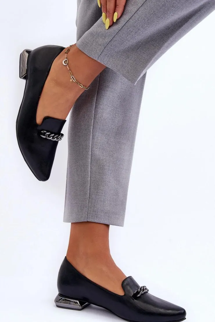 Clearance Boto Skórzane Baleriny Na Płaskim Obcasie Z Łańcuchem Czarne Lanez