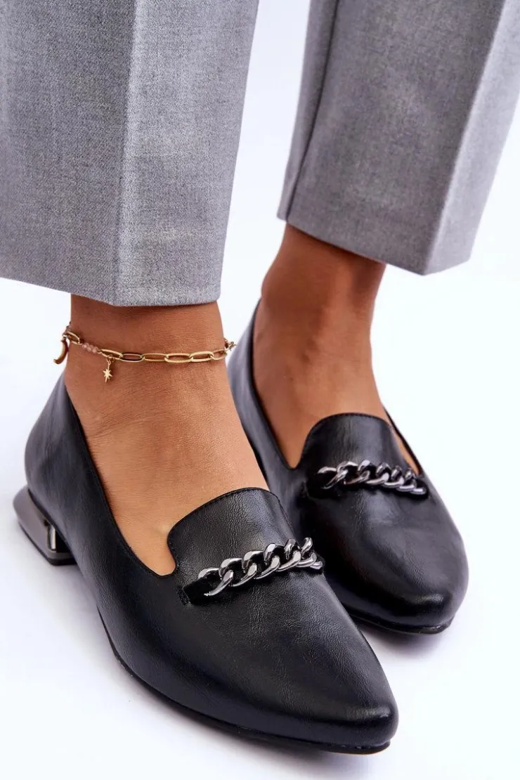 Clearance Boto Skórzane Baleriny Na Płaskim Obcasie Z Łańcuchem Czarne Lanez