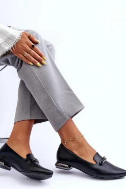 Clearance Boto Skórzane Baleriny Na Płaskim Obcasie Z Łańcuchem Czarne Lanez