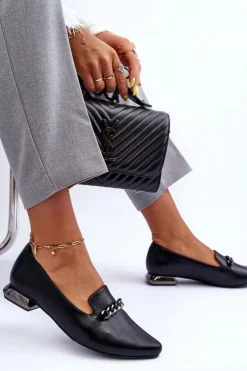 Clearance Boto Skórzane Baleriny Na Płaskim Obcasie Z Łańcuchem Czarne Lanez