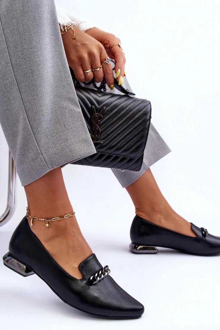 Clearance Boto Skórzane Baleriny Na Płaskim Obcasie Z Łańcuchem Czarne Lanez