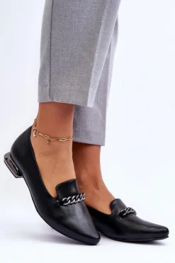Clearance Boto Skórzane Baleriny Na Płaskim Obcasie Z Łańcuchem Czarne Lanez