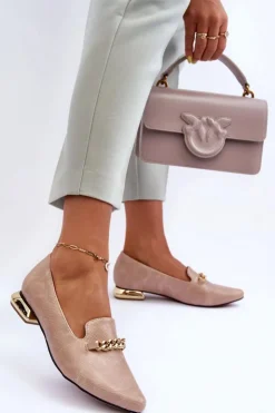 Damskie Boto Skórzane Baleriny Na Płaskim Obcasie Z Łańcuchem Beżowe Lanez