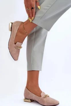 Damskie Boto Skórzane Baleriny Na Płaskim Obcasie Z Łańcuchem Beżowe Lanez