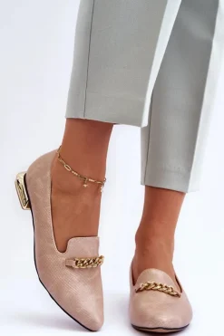 Damskie Boto Skórzane Baleriny Na Płaskim Obcasie Z Łańcuchem Beżowe Lanez