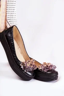 Discount Boto Skórzane Baleriny Na Platformie Z Ozdobą Czarne Beriette
