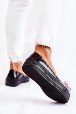 Discount Boto Skórzane Baleriny Na Platformie Z Ozdobą Czarne Beriette