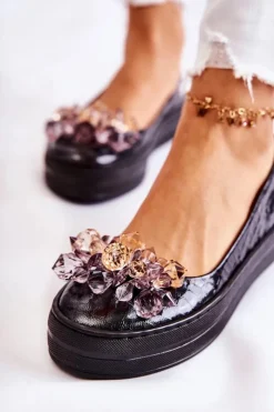 Discount Boto Skórzane Baleriny Na Platformie Z Ozdobą Czarne Beriette