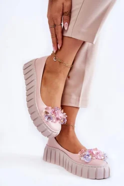 Boto Baleriny Skórzane|Baleriny Klasyczne*Skórzane Baleriny Na Platformie Z Kolorową Ozdobą Różowe Ladette