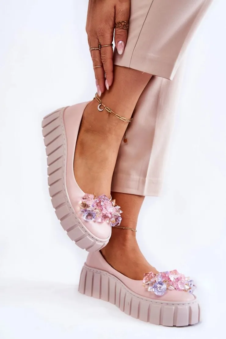 Boto Baleriny Skórzane|Baleriny Klasyczne*Skórzane Baleriny Na Platformie Z Kolorową Ozdobą Różowe Ladette