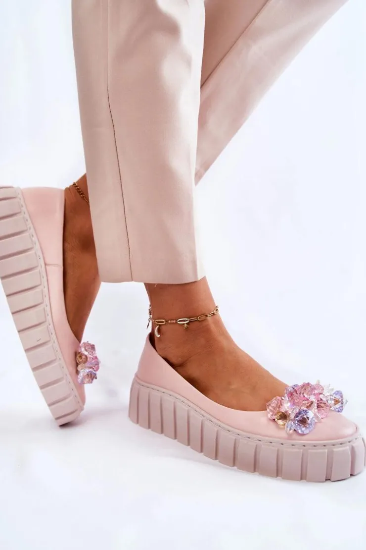 Boto Baleriny Skórzane|Baleriny Klasyczne*Skórzane Baleriny Na Platformie Z Kolorową Ozdobą Różowe Ladette