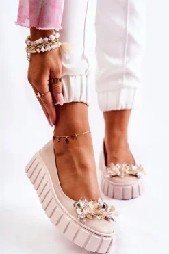 Discount Boto Skórzane Baleriny Na Platformie Z Ozdobą Beżowe Ladette