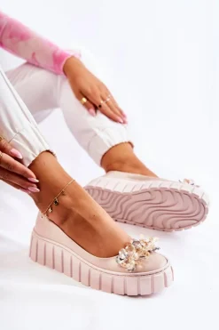 Discount Boto Skórzane Baleriny Na Platformie Z Ozdobą Beżowe Ladette