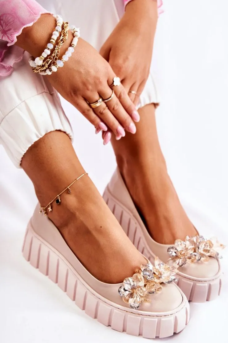 Discount Boto Skórzane Baleriny Na Platformie Z Ozdobą Beżowe Ladette