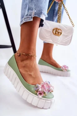 Sale Boto Skórzane Baleriny Na Platformie Z Kolorową Ozdobą Zielone Ladette