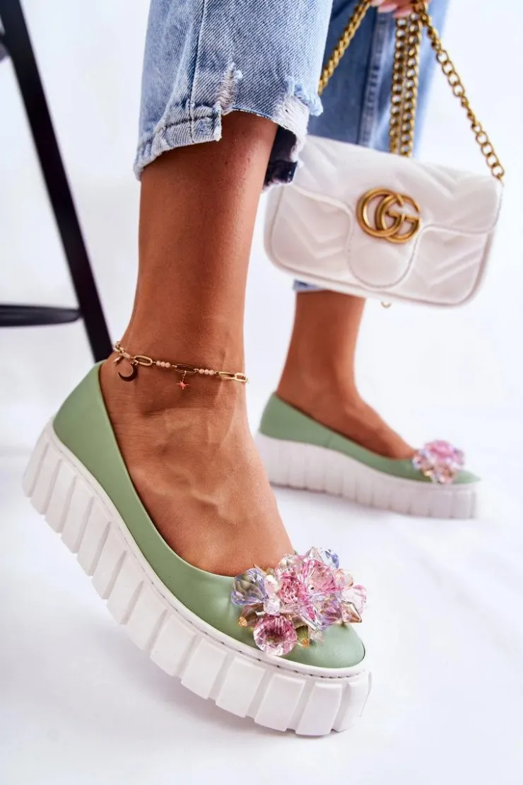 Sale Boto Skórzane Baleriny Na Platformie Z Kolorową Ozdobą Zielone Ladette