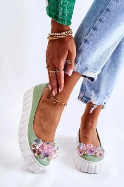 Sale Boto Skórzane Baleriny Na Platformie Z Kolorową Ozdobą Zielone Ladette