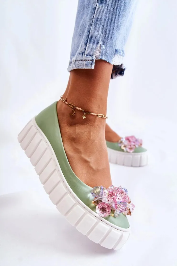 Sale Boto Skórzane Baleriny Na Platformie Z Kolorową Ozdobą Zielone Ladette