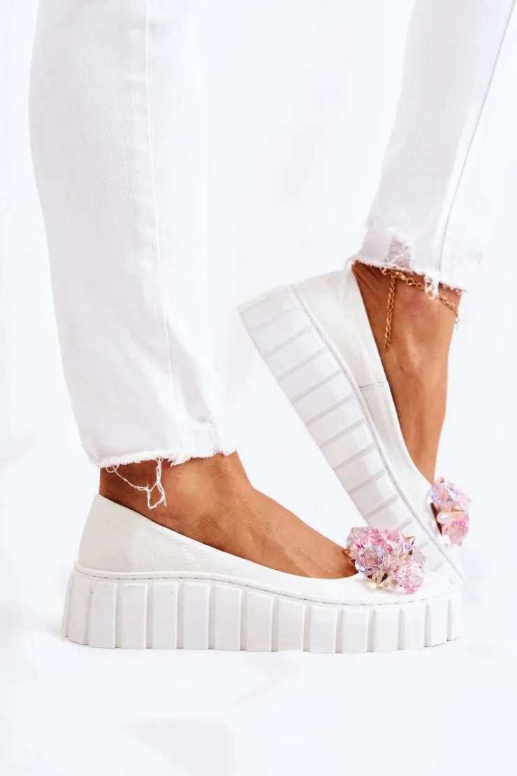 Online Boto Skórzane Baleriny Na Platformie Z Kolorową Ozdobą Białe Ladette