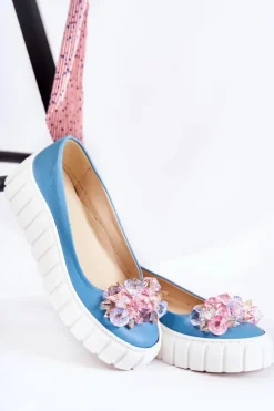 Boto Baleriny Skórzane|Baleriny Klasyczne*Skórzane Baleriny Na Platformie Z Ozdobą Niebiesko-Białe Ladette
