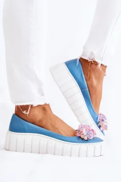 Boto Baleriny Skórzane|Baleriny Klasyczne*Skórzane Baleriny Na Platformie Z Ozdobą Niebiesko-Białe Ladette