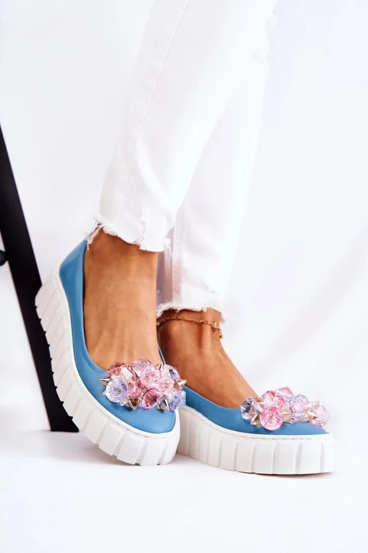 Boto Baleriny Skórzane|Baleriny Klasyczne*Skórzane Baleriny Na Platformie Z Ozdobą Niebiesko-Białe Ladette