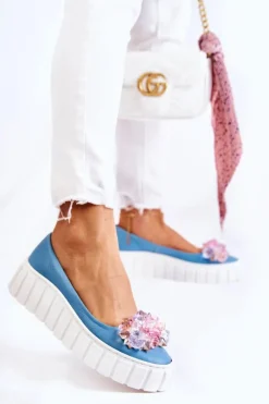 Boto Baleriny Skórzane|Baleriny Klasyczne*Skórzane Baleriny Na Platformie Z Ozdobą Niebiesko-Białe Ladette