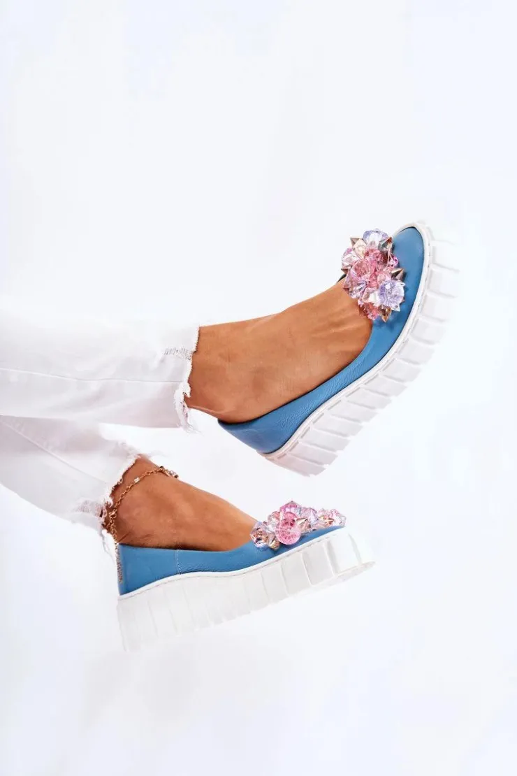 Boto Baleriny Skórzane|Baleriny Klasyczne*Skórzane Baleriny Na Platformie Z Ozdobą Niebiesko-Białe Ladette