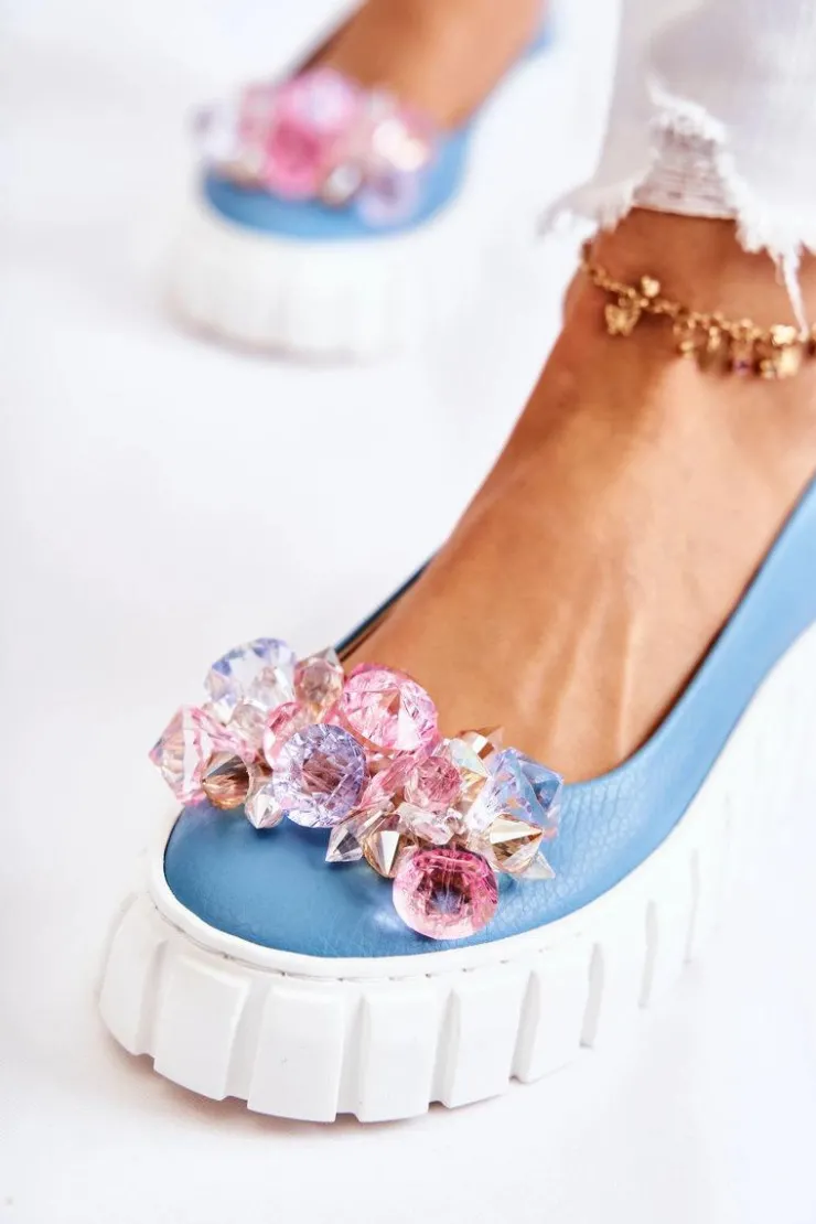 Boto Baleriny Skórzane|Baleriny Klasyczne*Skórzane Baleriny Na Platformie Z Ozdobą Niebiesko-Białe Ladette