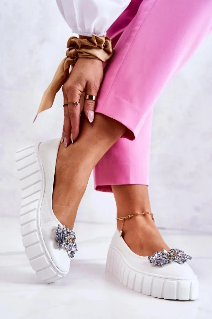 Boto Baleriny Skórzane|Baleriny Klasyczne*Skórzane Baleriny Na Platformie Z Ozdobą Białe Ladette