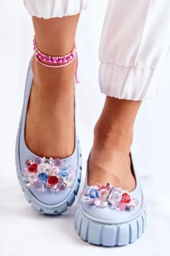 Discount Boto Skórzane Baleriny Na Platformie Z Kolorową Ozdobą Niebieskie Ladette