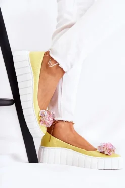 Boto Baleriny Skórzane|Baleriny Klasyczne*Skórzane Baleriny Na Platformie Z Kolorową Ozdobą Żółte Ladette