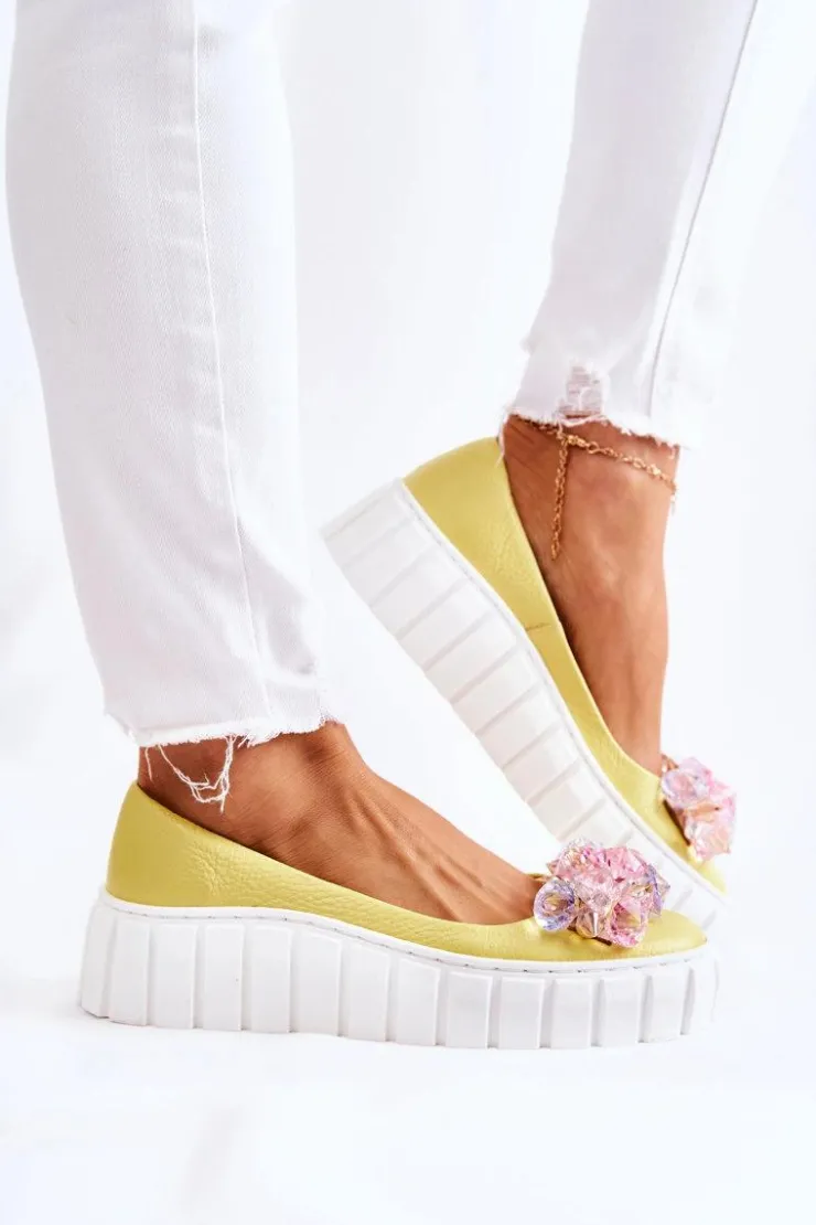 Boto Baleriny Skórzane|Baleriny Klasyczne*Skórzane Baleriny Na Platformie Z Kolorową Ozdobą Żółte Ladette