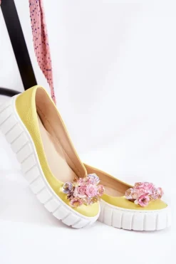 Boto Baleriny Skórzane|Baleriny Klasyczne*Skórzane Baleriny Na Platformie Z Kolorową Ozdobą Żółte Ladette