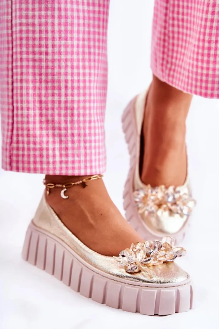 Damskie Boto Skórzane Baleriny Na Platformie Z Ozdobą Złote Ladette